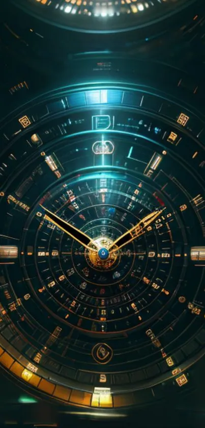 Futuristic clockwork design with golden and teal details.