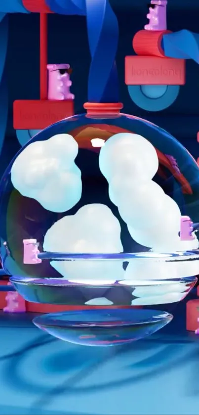 Futuristic glass globe with clouds and mechanical backdrop in blue tones.