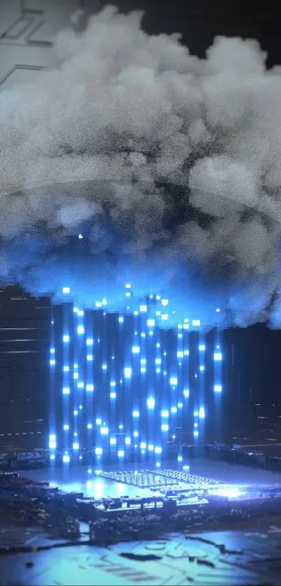 Futuristic glowing cloud with digital circuitry background.