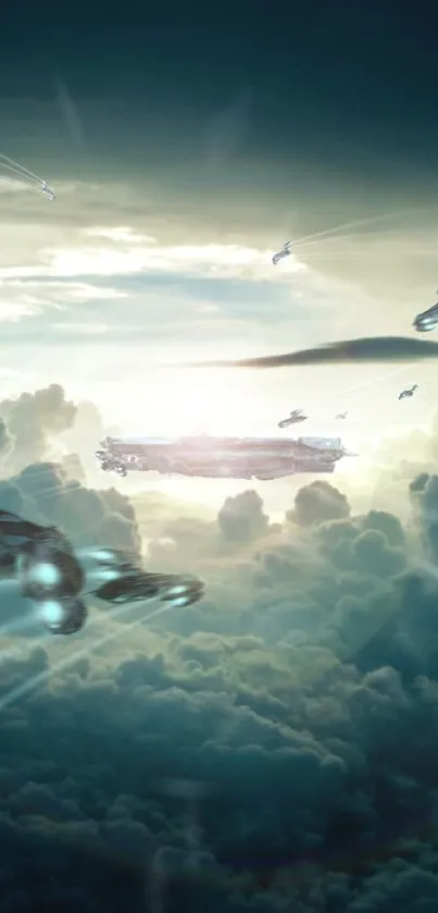 Futuristic spaceships soar above dramatic clouds.