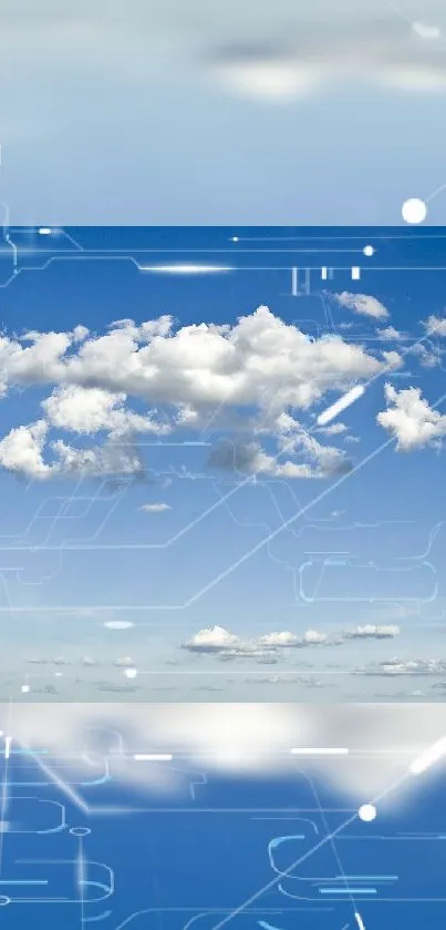 Futuristic clouds in a blue sky with digital elements.