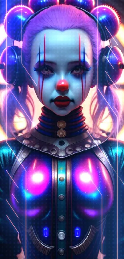 Futuristic neon clown wallpaper with vibrant colors and sci-fi theme.