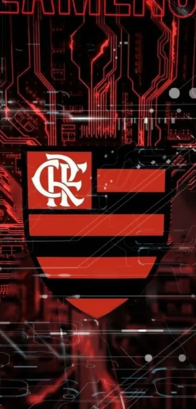 Futuristic red and black club shield wallpaper with digital elements.