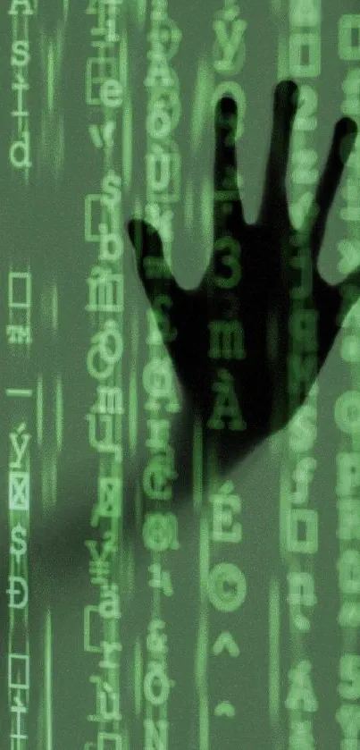 A green matrix-inspired mobile wallpaper with a shadowy hand and cryptic symbols.