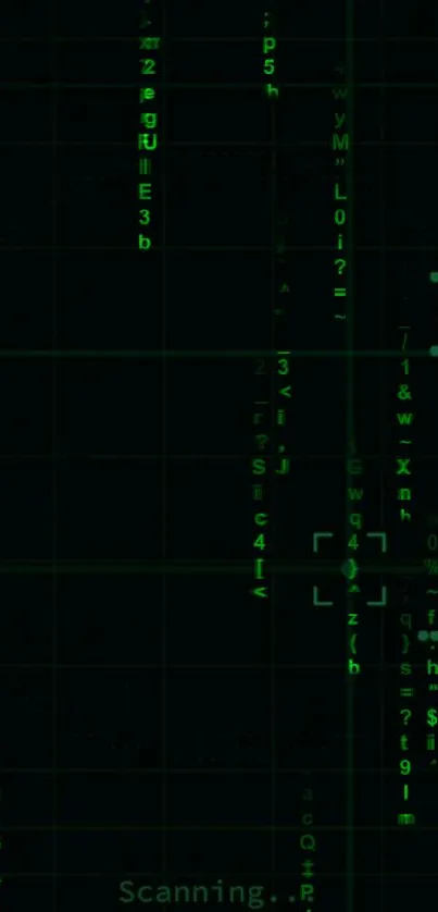 Wallpaper with glowing green digital code on a dark background.