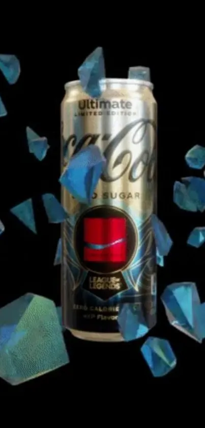 Futuristic cola can surrounded by floating blue crystals on black background.