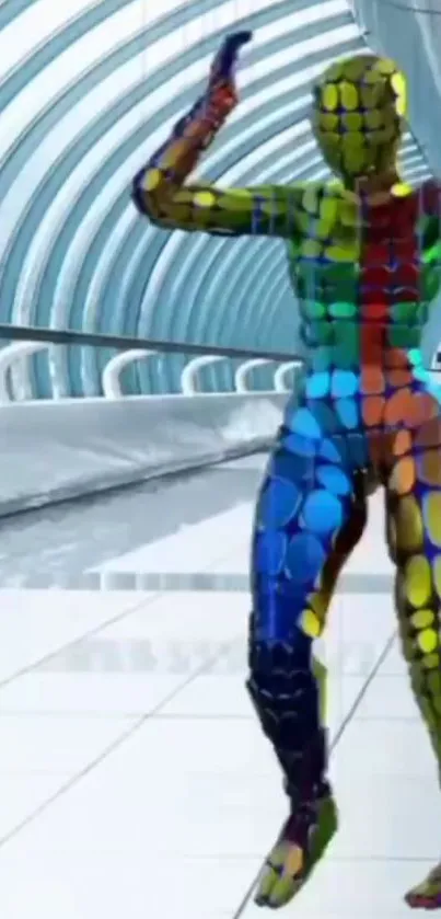 Futuristic rainbow dance figure in a sleek setting.