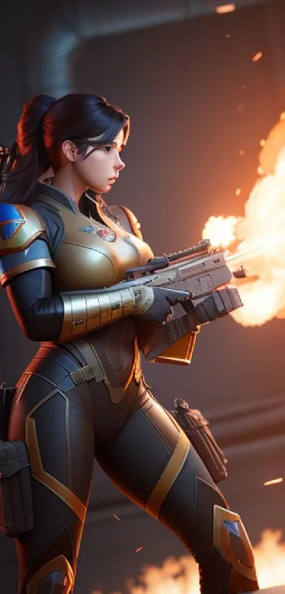 Futuristic warrior in tech armor with fiery background.