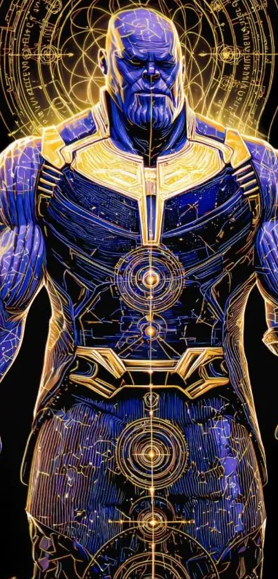 Futuristic comic character with glowing details on a mobile wallpaper.