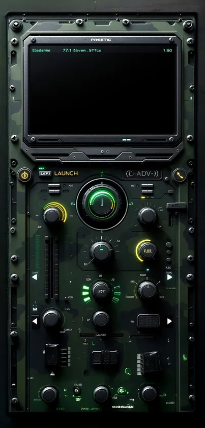 Futuristic dark-themed control panel wallpaper with advanced technology design.