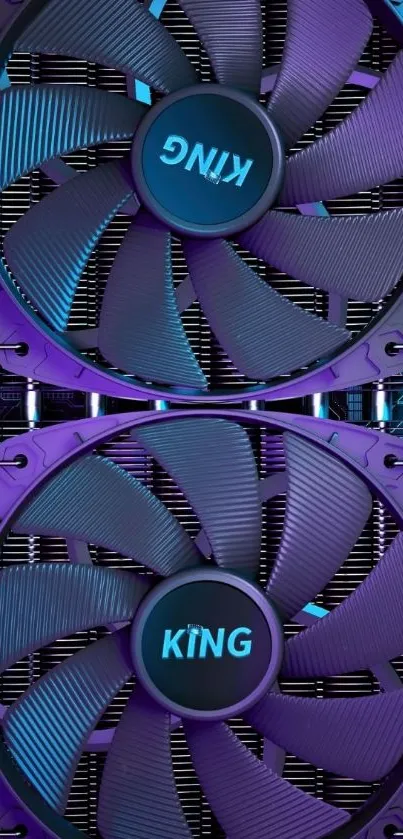 Futuristic dual cooling fans with blue and purple hues.