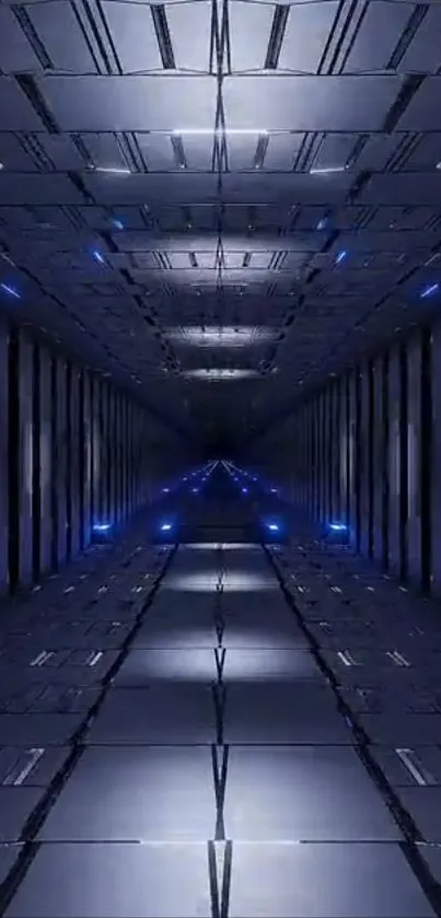 Futuristic corridor with blue lighting on a mobile wallpaper, showcasing a tech vibe.