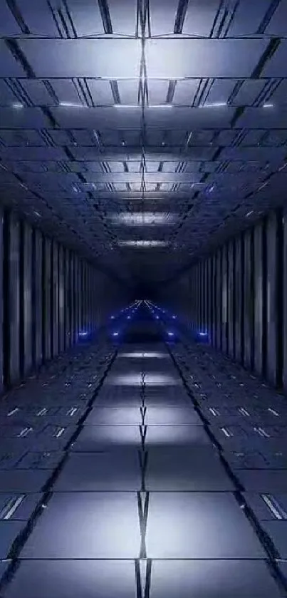 Futuristic dark blue corridor wallpaper with metallic and symmetrical design.