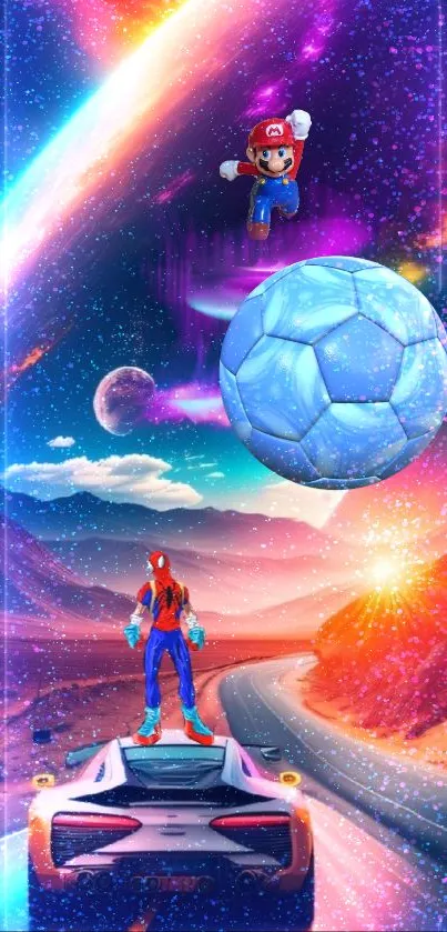 Superhero standing on a futuristic car with a cosmic background.