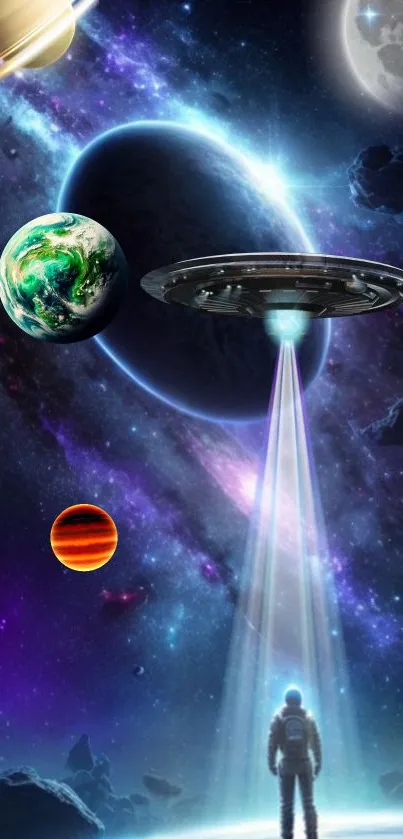 Astronaut and UFO amidst cosmic planets