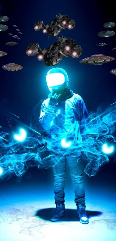 Futuristic astronaut surrounded by blue light with spaceships overhead.