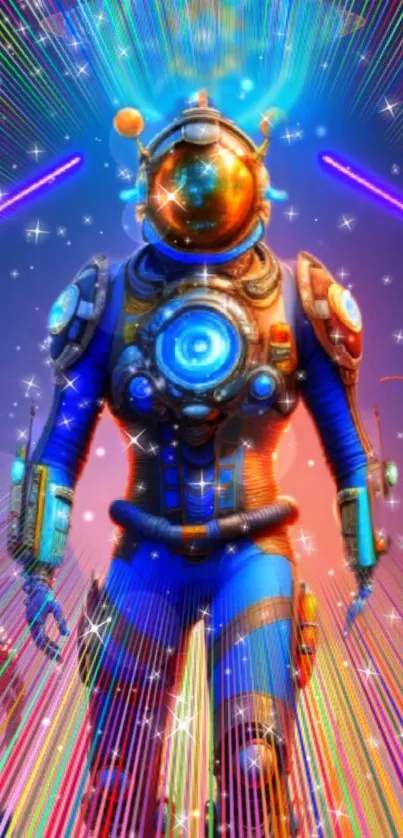 Futuristic astronaut in colorful cosmic setting with stars.