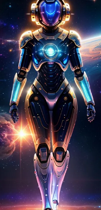 Futuristic android in space with vibrant blue and cosmic elements.