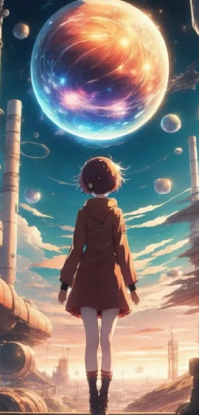 Futuristic anime character gazing at a colorful cosmic planet with a dark blue sky.