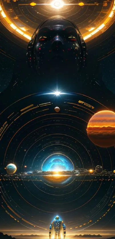 Futuristic cosmic wallpaper with planets and celestial elements.