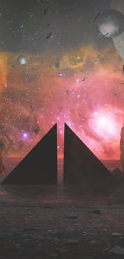 Futuristic cosmic landscape with pyramids and planets.