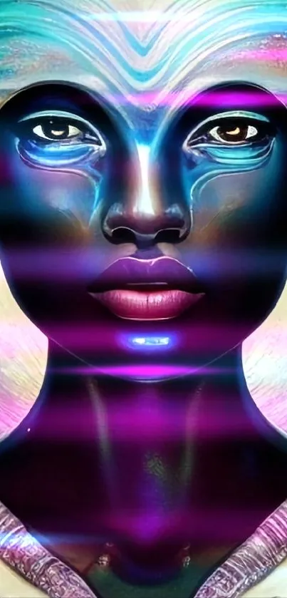 Vibrant cosmic art wallpaper with a colorful futuristic alien portrait.