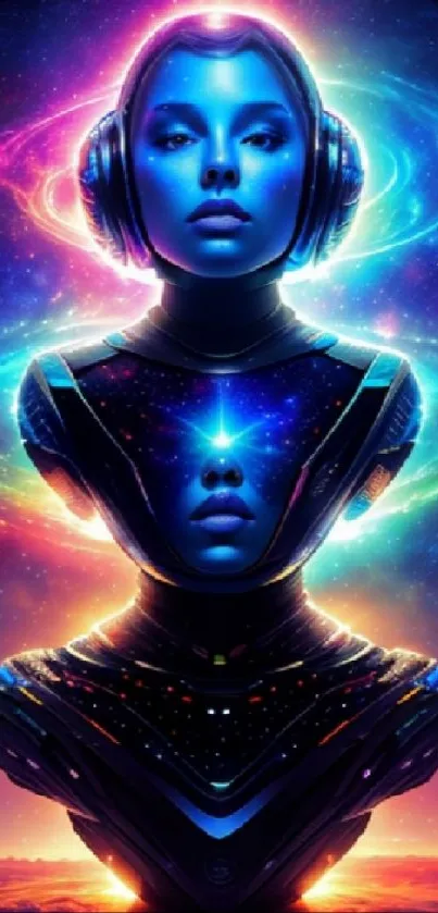 Futuristic cosmic android with blue and glowing colors.