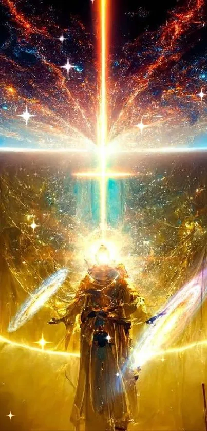 Futuristic cosmic scene with glowing galaxies and radiant beams.