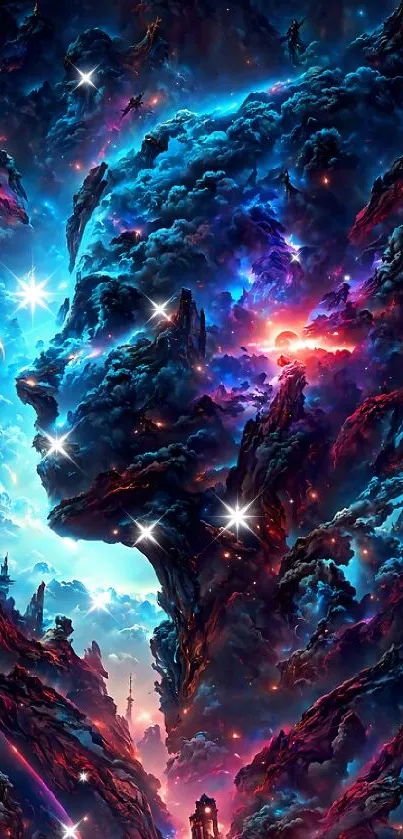 Illustrative cosmic art wallpaper with vibrant colors forming a face-like silhouette.