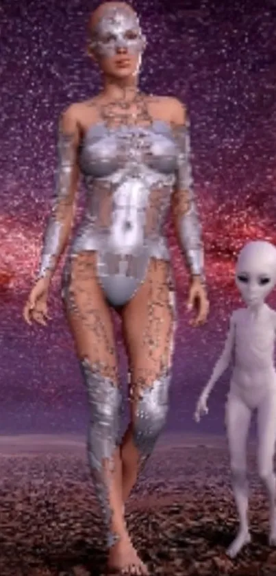 Futuristic humanoid and alien in cosmic scenery with galaxy backdrop.