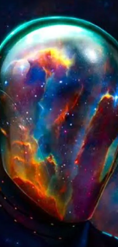 Futuristic humanoid figure with cosmic nebula face on dark background.