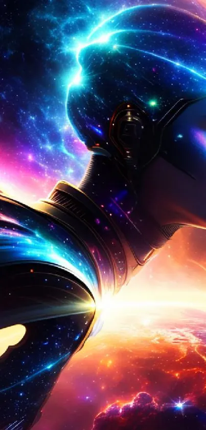 Futuristic astronaut in cosmic scene with vibrant colors and galaxy background.