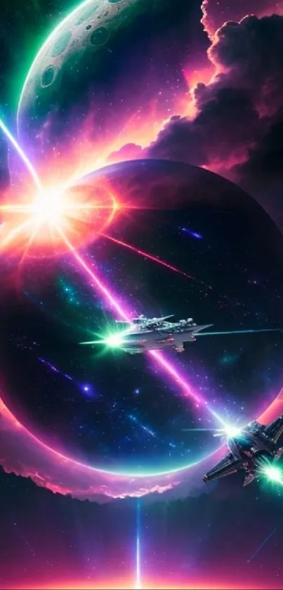 Vibrant cosmic spacescape with starships and celestial elements in vivid colors.