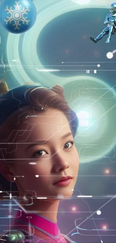 Futuristic woman with cosmic digital backdrop.