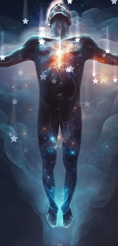 Futuristic cosmic-themed wallpaper with glowing human figure and stars.