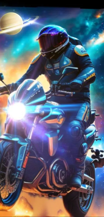 Futuristic biker racing through a cosmic galaxy with bright colors.