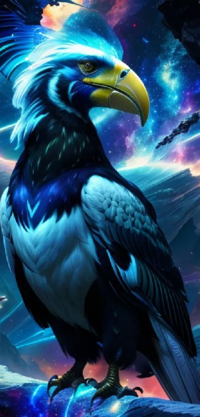 Futuristic bird with cosmic galaxy background.