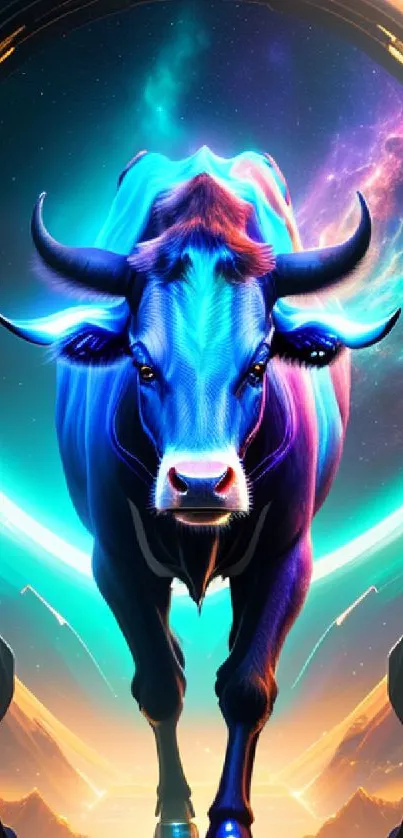 Futuristic bull art with vibrant colors and cosmic background.