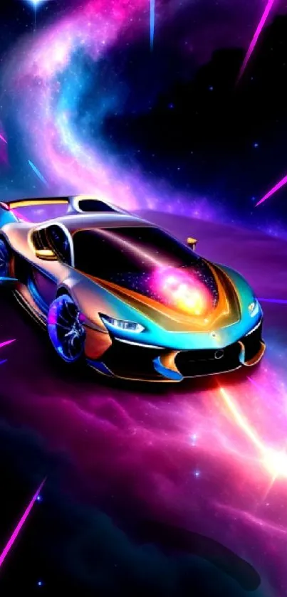 Futuristic sports car in a colorful cosmic galaxy.