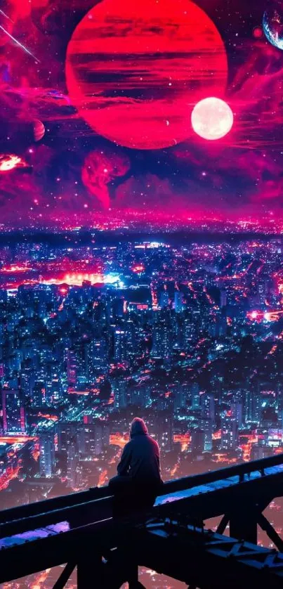 Futuristic cityscape under a cosmic sky with neon and celestial elements.