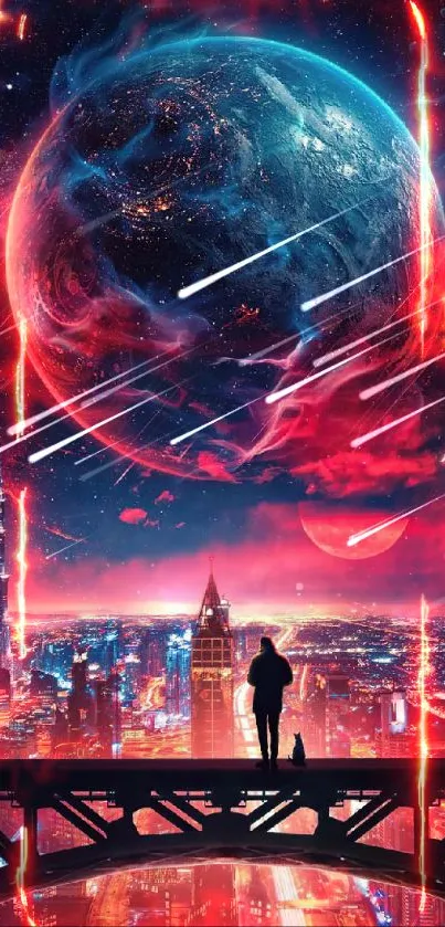 Futuristic cityscape under a vibrant cosmic sky.