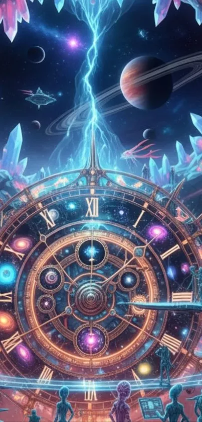Futuristic artwork featuring a cosmic clock and a celestial theme.