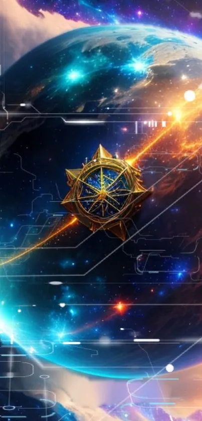 Futuristic cosmic compass with vibrant blue and gold hues on a digital background.