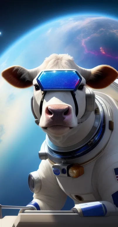 Cow in astronaut suit with cosmic Earth backdrop.