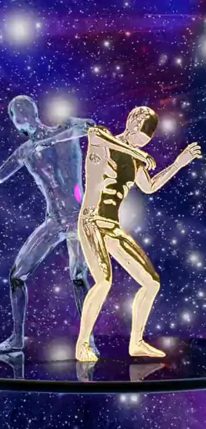 Golden and silver figures dance in a vibrant starry galaxy.