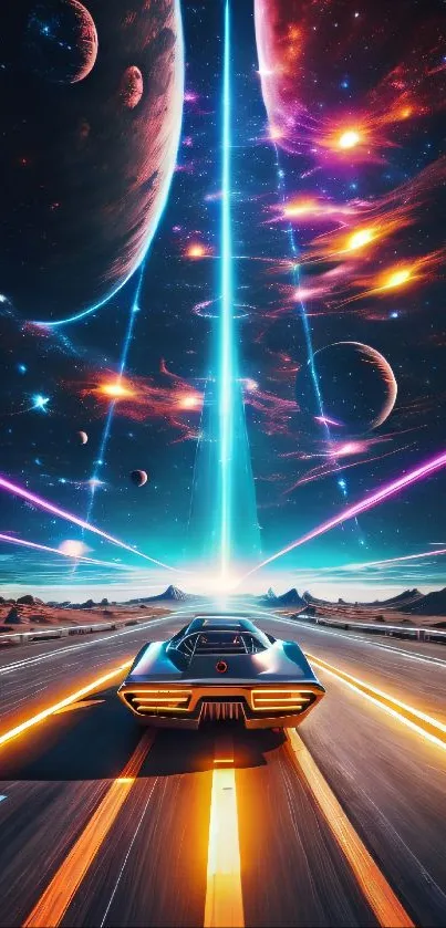 Futuristic car racing through cosmic space with neon lights and planets.