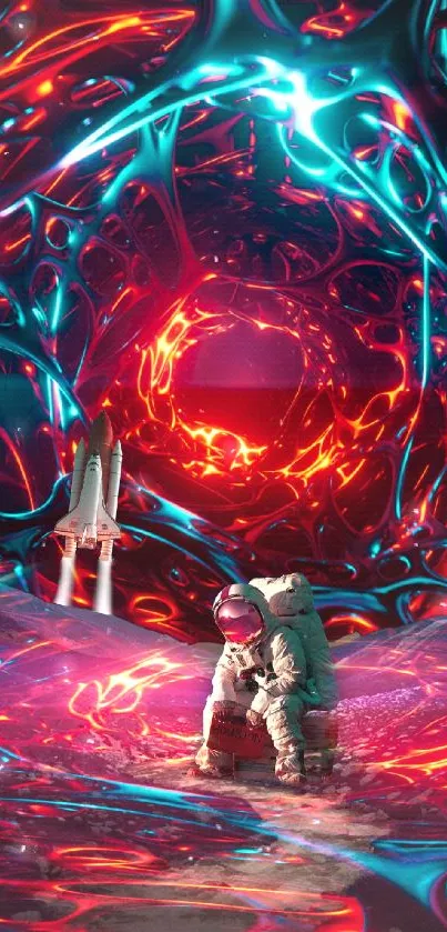 Astronaut in a neon-lit cosmic tunnel with vibrant colors.