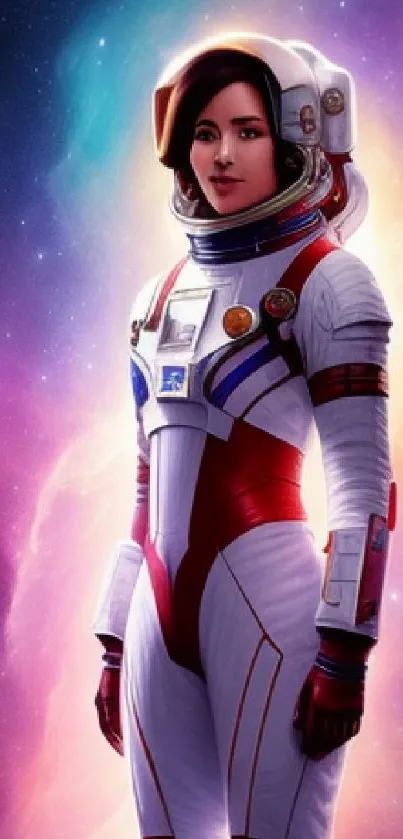 Futuristic astronaut surrounded by vibrant galaxy in a cosmic scene wallpaper.