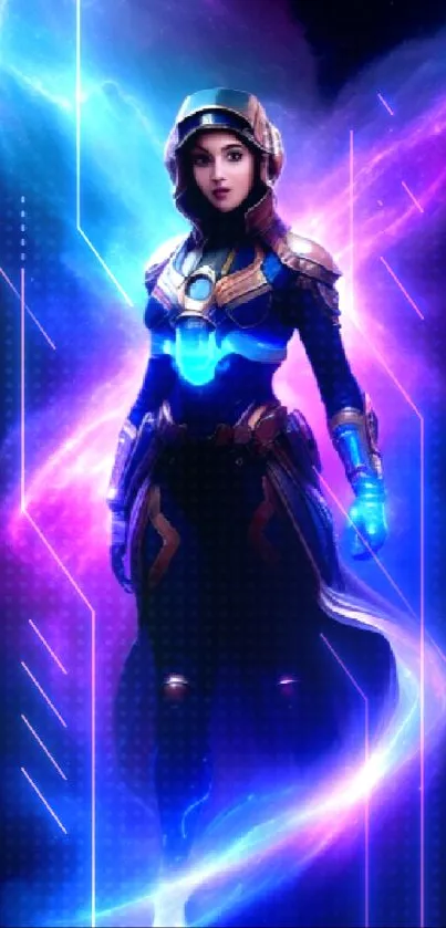 Futuristic traveler in a violet cosmic backdrop.