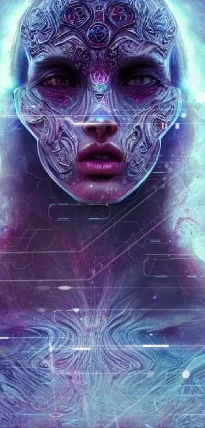 Futuristic cosmic face art with vibrant purple hues for mobile wallpaper.